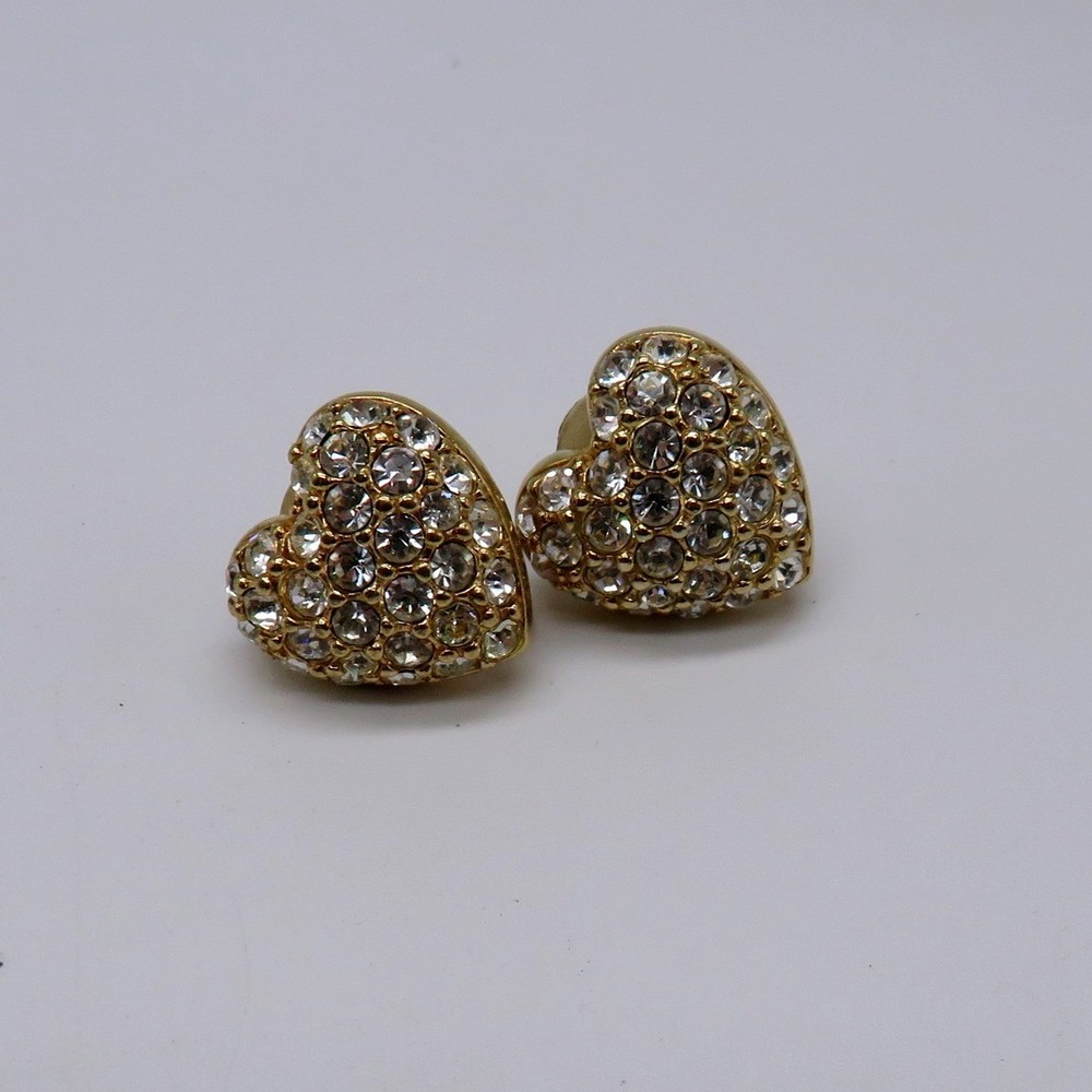 Vintage Pave Rhinestone Heart Clip On Earrings Gold Tone Puffed 3/4 Inch